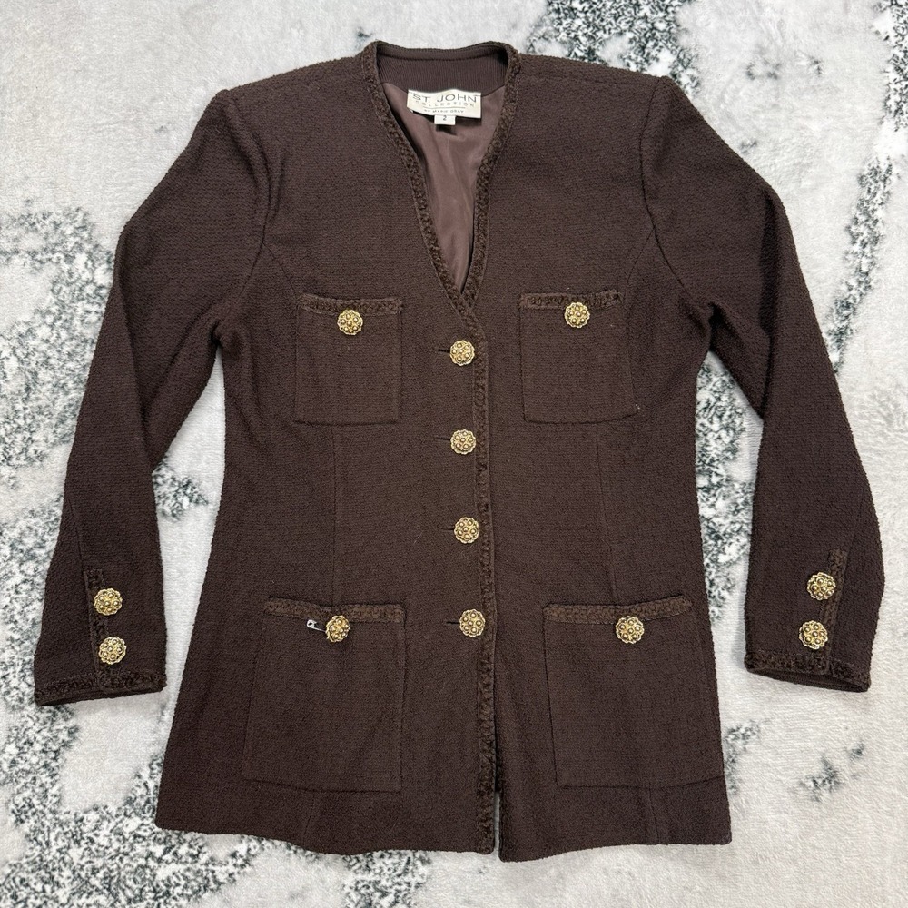 St.John Collection Marie Gray Brown Knit Blazer Jacket Gold Button Womens Sz 2